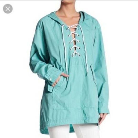 Free People Sky Hooded Parachute Parka Jacket MediumLarge Turquoise Anorak - Picture 1 of 5
